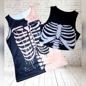 Set of 2 Skeleton Print Tank Tops – Black & Tie-Dye – Size M – New No Tags